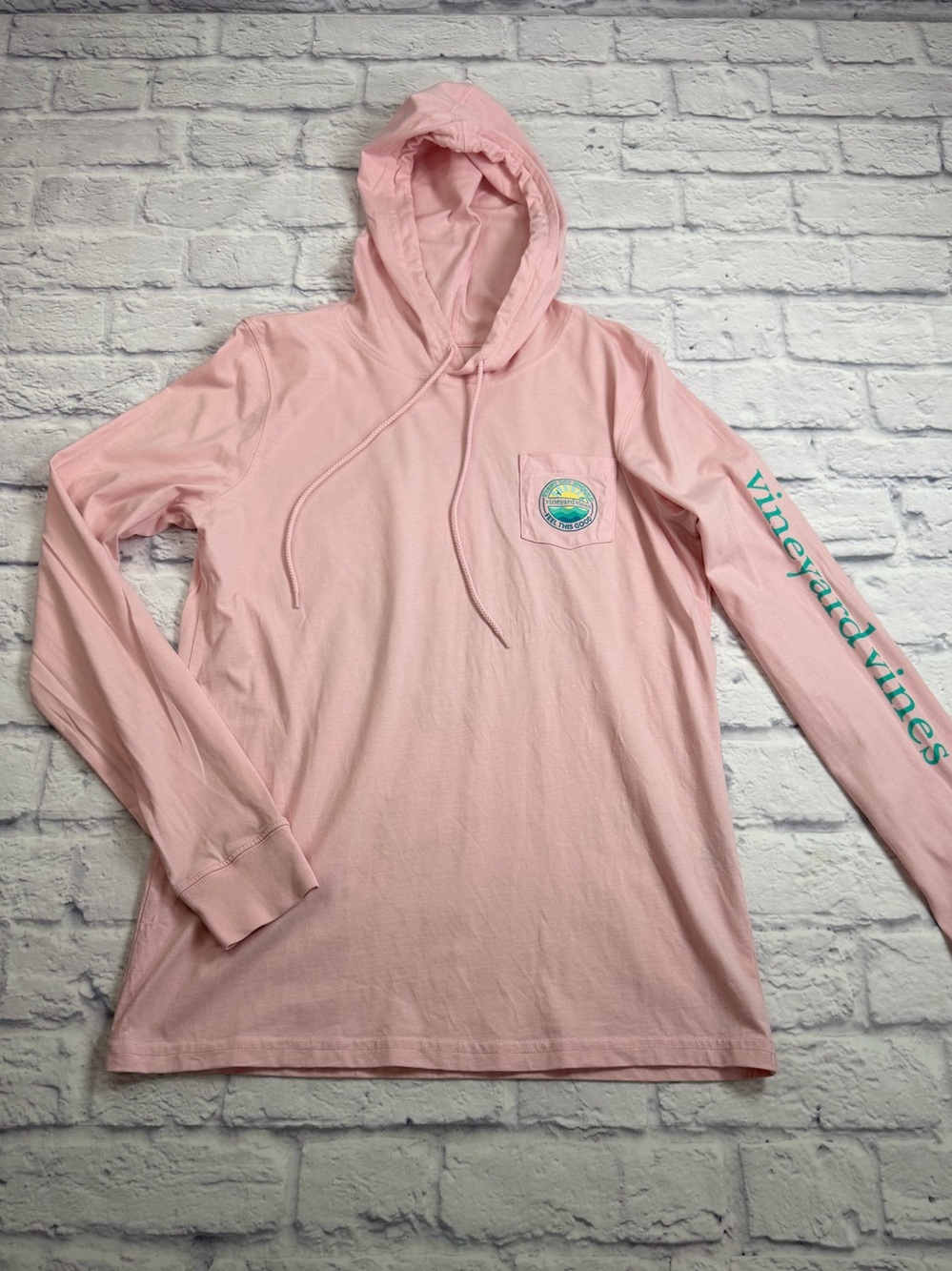 Vineyard Vines Pink Hooded Long Sleeve Tee with Sunrise Patch. Size XS.
